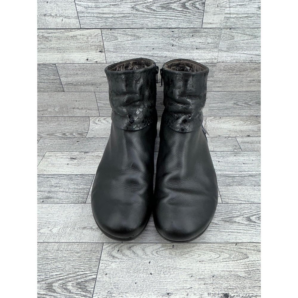 Mephisto Women Black Leather Snakeskin Trim Ankle Boots Side Zip Comfort Sz 8.5